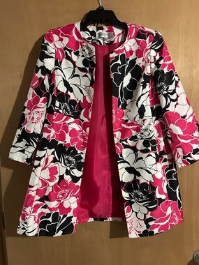 Kasper Pink Black White Floral Open-Front Jacket